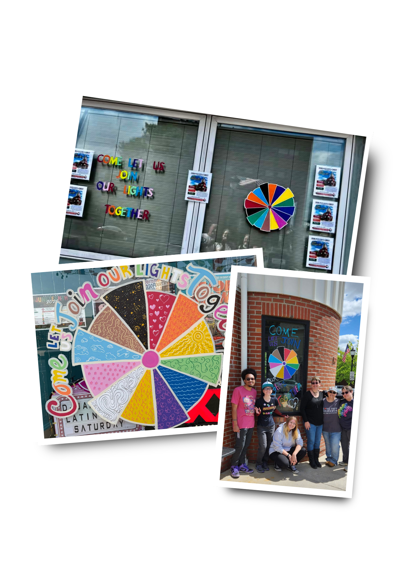 Three photos overlapping of brightly colored window paintings.